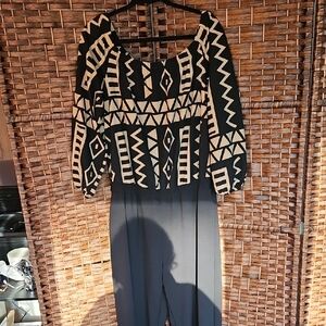 Ashley Stewart Black & Cream Geometric Off-Shoulder Jumpsuit